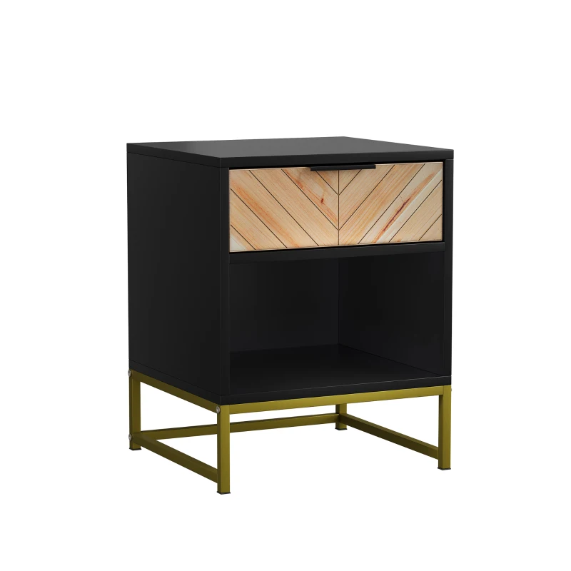Nachttisch mit Schublade und offenem Fach, modernes Mid-Century-Design, MDF, 43x40x55 cm, Schwarz+Naturfarbe