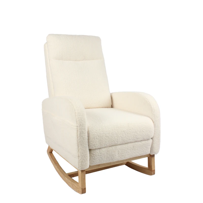 Fauteuil à bascule d’allaitement, dossier haut, tissu teddy, poche latérale, repose-pieds, base en bois courbé, Blanc