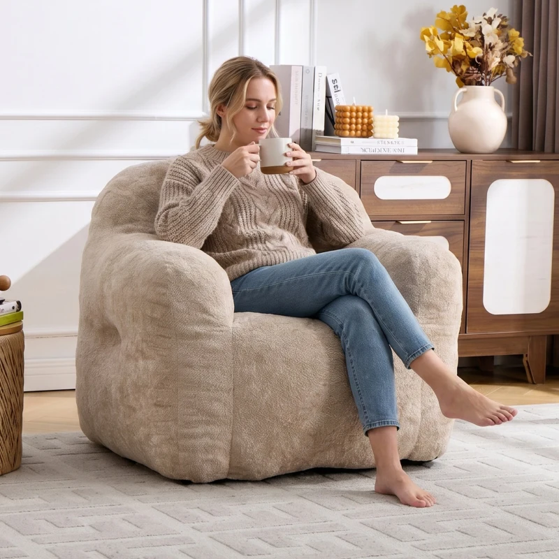 Sitzsack-Sofa mit Armlehnen, zerkleinerter Schaumstofffüllung und Kunstfellbezug für Wohn- und Schlafzimmer, Beige