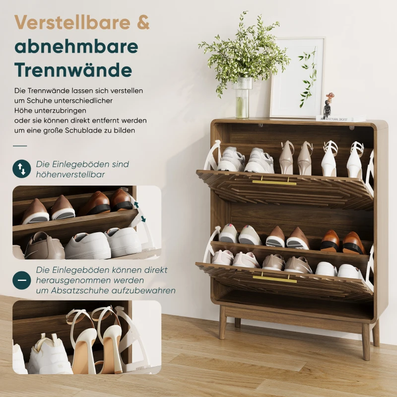 Schuhschrank, freistehend und schmal, mit geprägten Türen, offenem Ablagefach und goldfarbenen Griffen, 60x24x95 cm, Walnussfarben