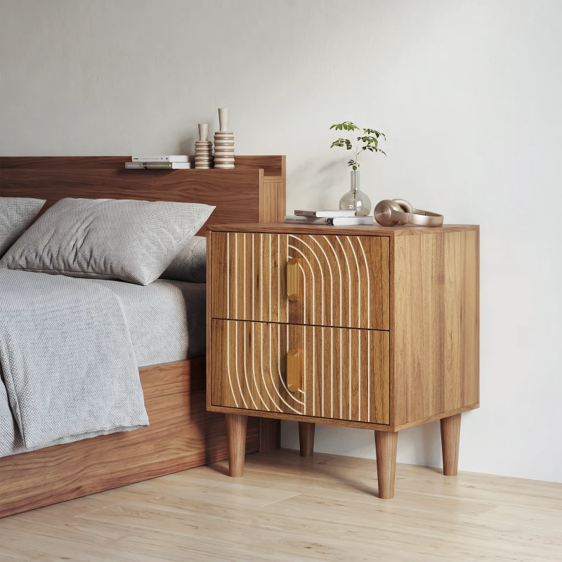 Nachttisch mit 2 Schubladen und geometrischen Intarsien, Boho-Stil, MDF, 48x38x56 cm, Walnussbraun