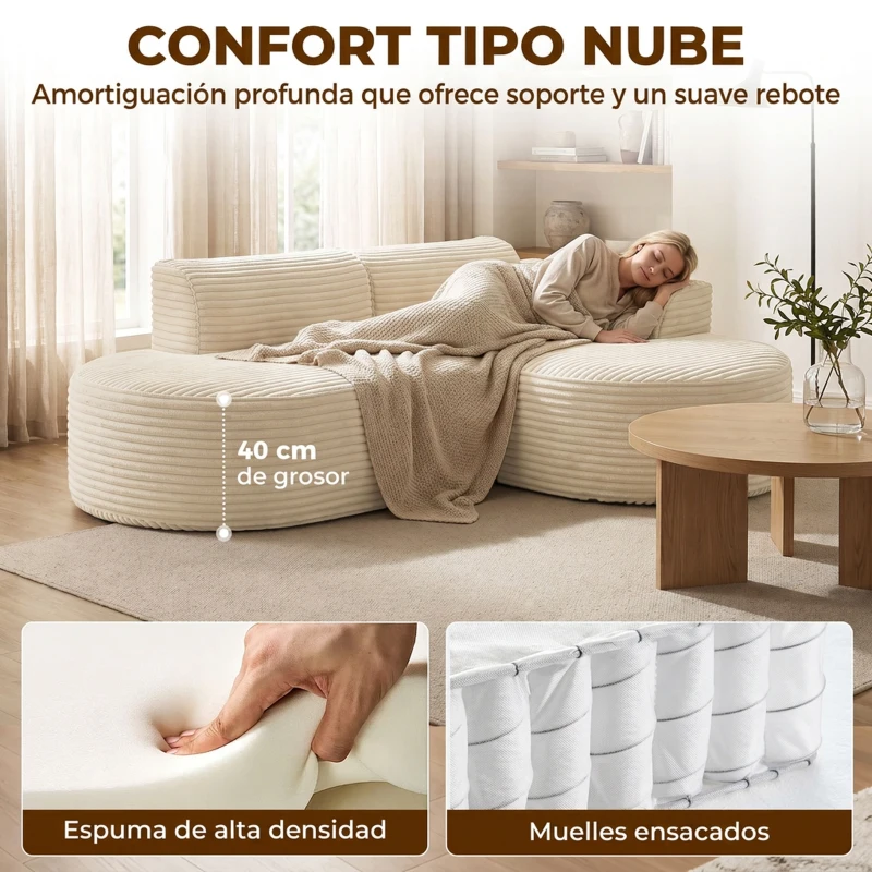 HOMCOM Sofá Esquinero en Forma de L Tapizado en Pana Sin Montaje Asiento Ancho Acolchado Grueso Beige