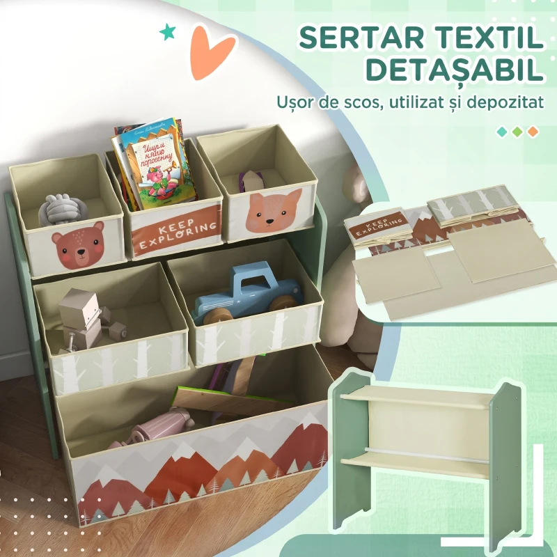 ZONEKIZ Etajeră pentru Depozitarea Jucăriilor pentru Copii, cu 6 Coșuri Detasabile din Material Textil, 63x30x66cm, Verde