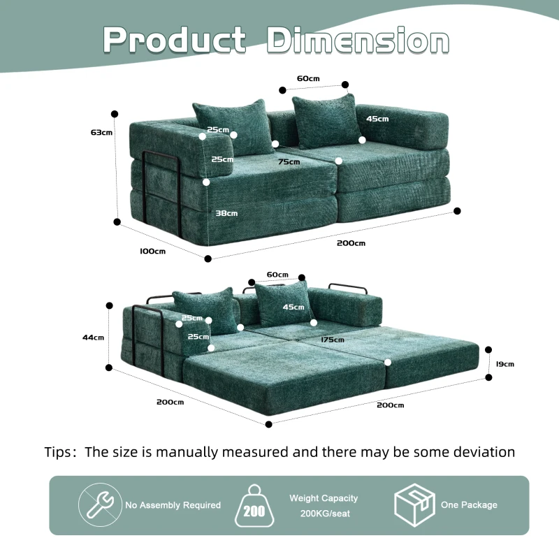 Wandelbares Bodenschlafsofa, modulares Design, Chenillebezug, ohne Montage, 200x100x63 cm, Dunkelgrün