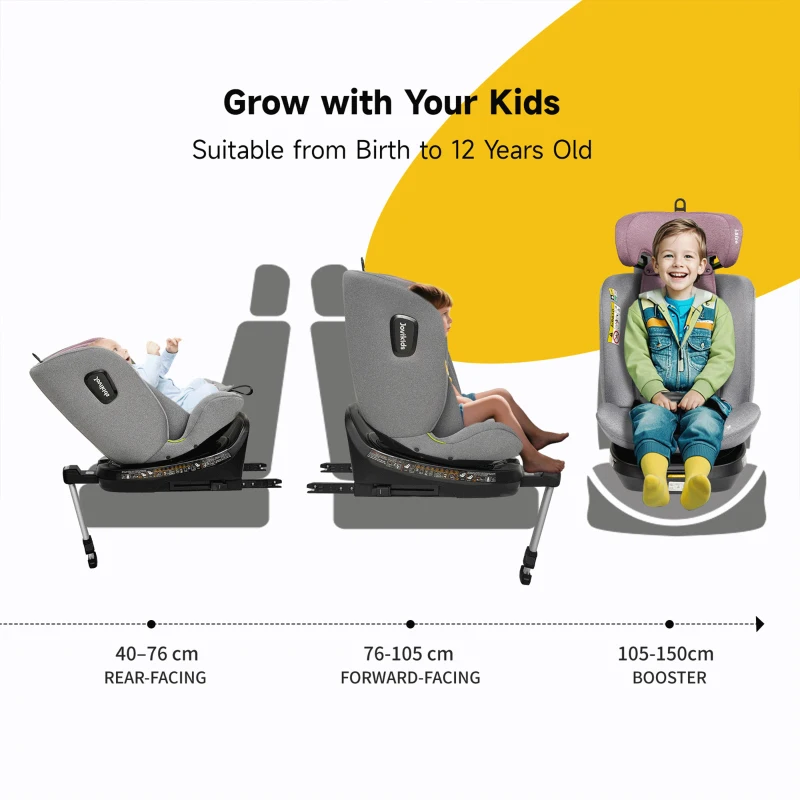 Jovikids drehbarer Kindersitz mit ISOFIX, i-Size, Liegefunktion und Nutzung ab Geburt bis 12 Jahre, Rosa+Grau