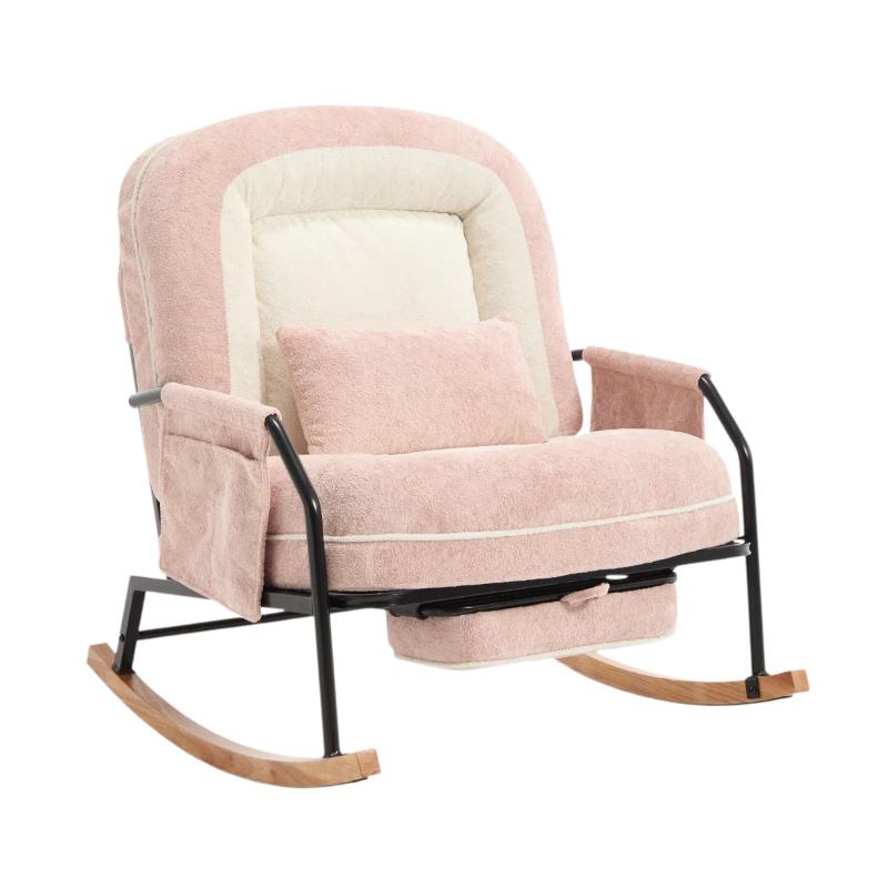 Fauteuil à bascule grand format, dossier réglable et repose-pieds escamotable, poches latérales, coussin rembourré, intérieur et extérieur, Rose