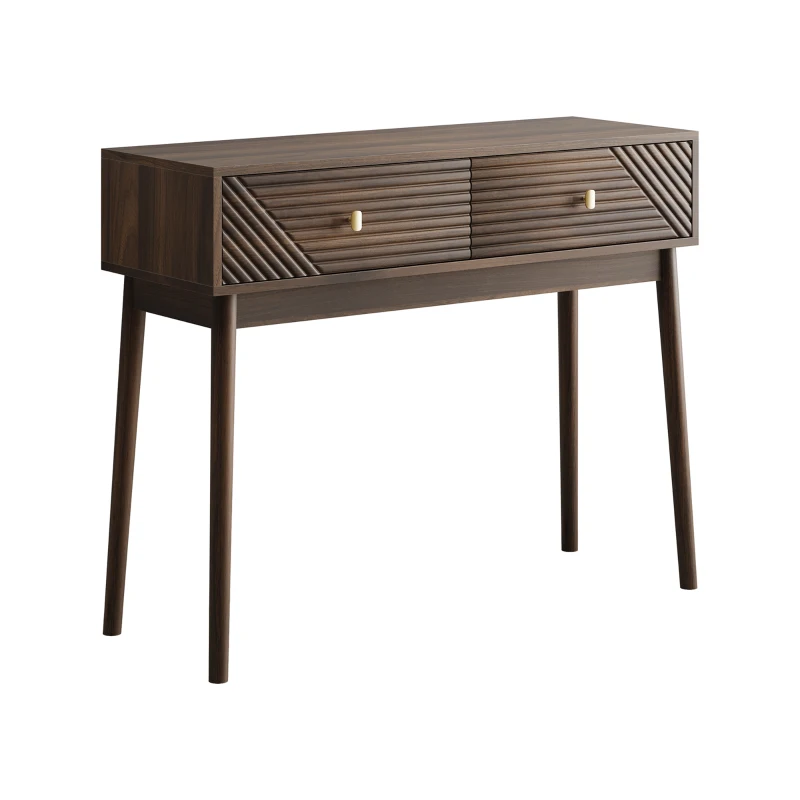 Table console, style mid-century moderne, 2 tiroirs, rangement ouvert, 100x35x80 cm, Noyer