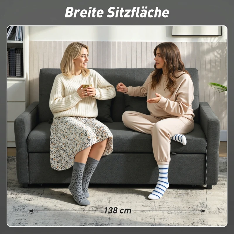 HOMCOM 2-Sitzer-Schlafsofa, 3-in-1 Ausziehsofa mit verstellbarer Rückenlehne, breiter Sitzfläche, Dunkelgrau