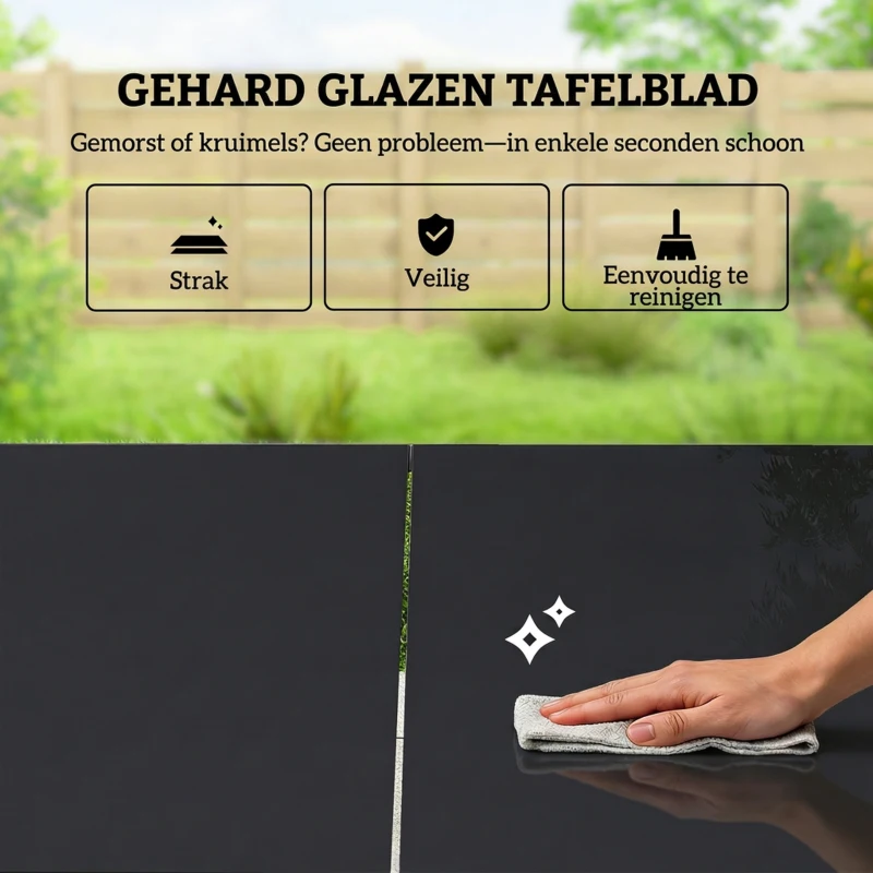 Outsunny Tuinmeubelset zitgroep 150 x 80 cm glazen tafel met 6 ademende stoelen decoratieve armleuningen zwart
