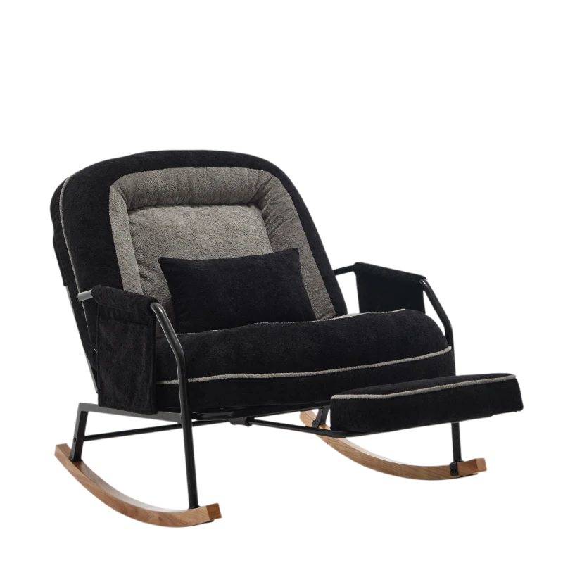Fauteuil à bascule grand format, dossier réglable, repose-pieds escamotable, coussin rembourré, poches latérales, intérieur et extérieur, Noir+Gris