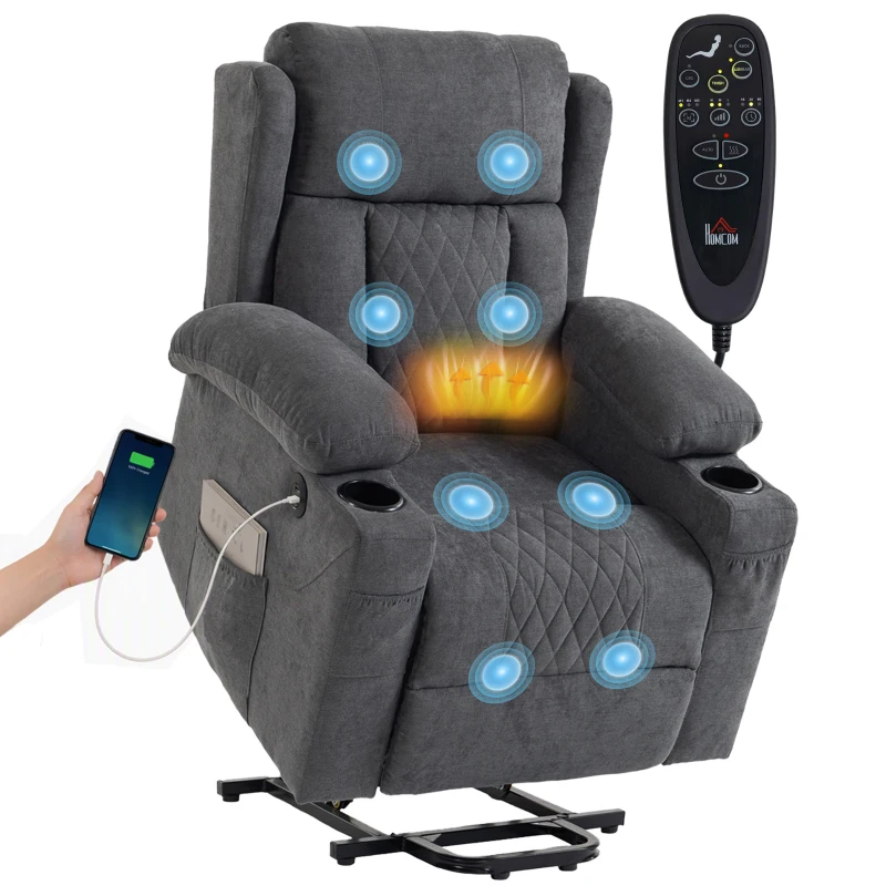 HOMCOM Fauteuil Releveur Électrique Massage Vibration et Chaleur, Fauteuil Relax Électrique Inclinable en Tissu Éponge, Gris