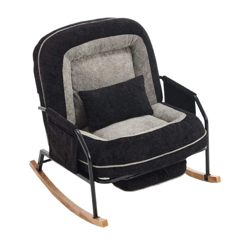 Fauteuil à bascule grand format, dossier réglable, repose-pieds escamotable, coussin rembourré, poches latérales, intérieur et extérieur, Noir+Gris