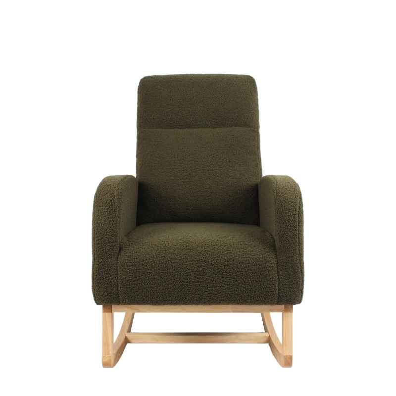 Fauteuil à bascule d’allaitement en tissu teddy, dossier haut ergonomique, base incurvée en bois et poche latérale, Vert