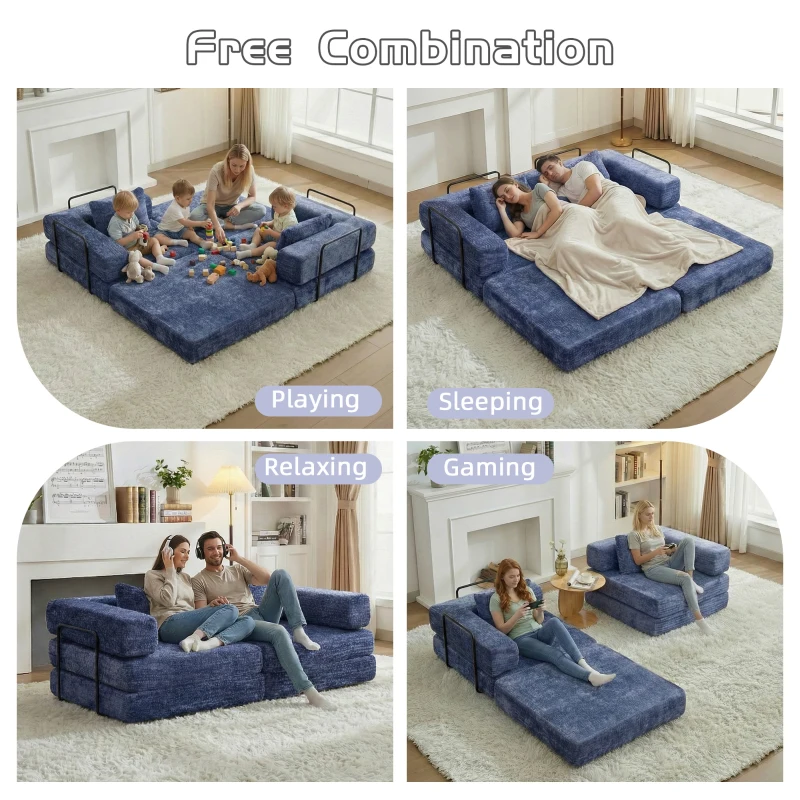 Boden-Schlafsofa, klappbar und modular, Chenille, 200x100x63 cm, Dunkelblau
