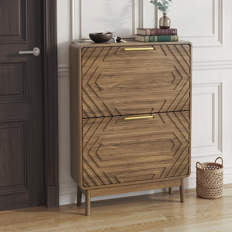 Schuhschrank, freistehend und schmal, mit geprägten Türen, offenem Ablagefach und goldfarbenen Griffen, 60x24x95 cm, Walnussfarben
