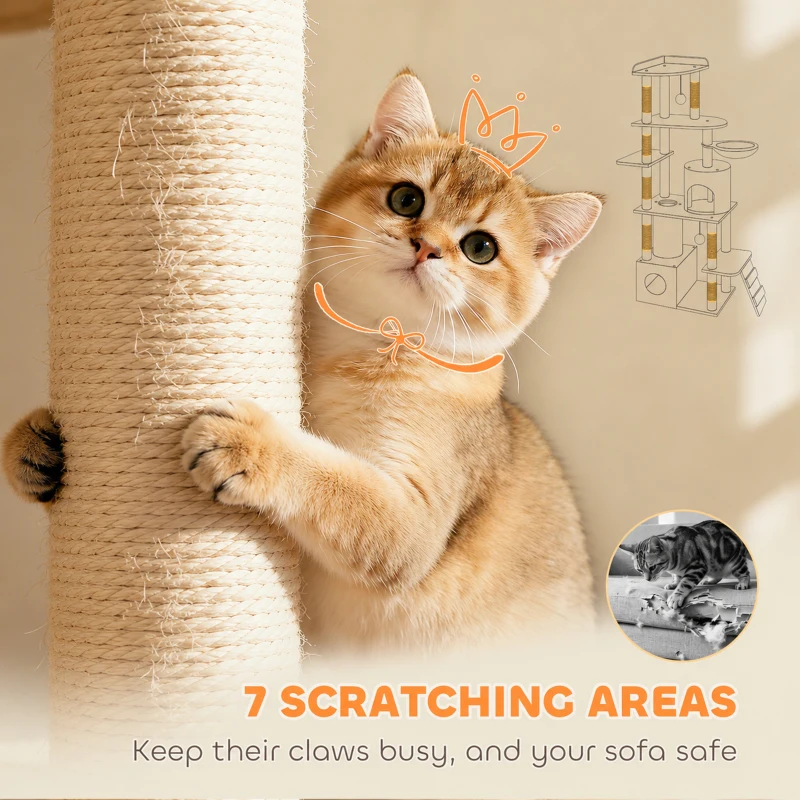 PawHut 170 cm Large Cat Tree, Cat Tower with 7 Scratching Posts, Tunnel, 2 Condos, Hammock, Perch, Ramp, Pompoms, Beige