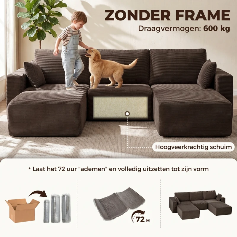 HOMCOM Modulaire U-bank 287 cm, frameloos, brede diepe corduroy zitting, high-density schuim, zonder montage, khaki