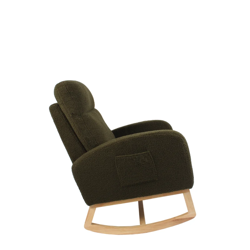 Fauteuil à bascule d’allaitement en tissu teddy, dossier haut ergonomique, base incurvée en bois et poche latérale, Vert