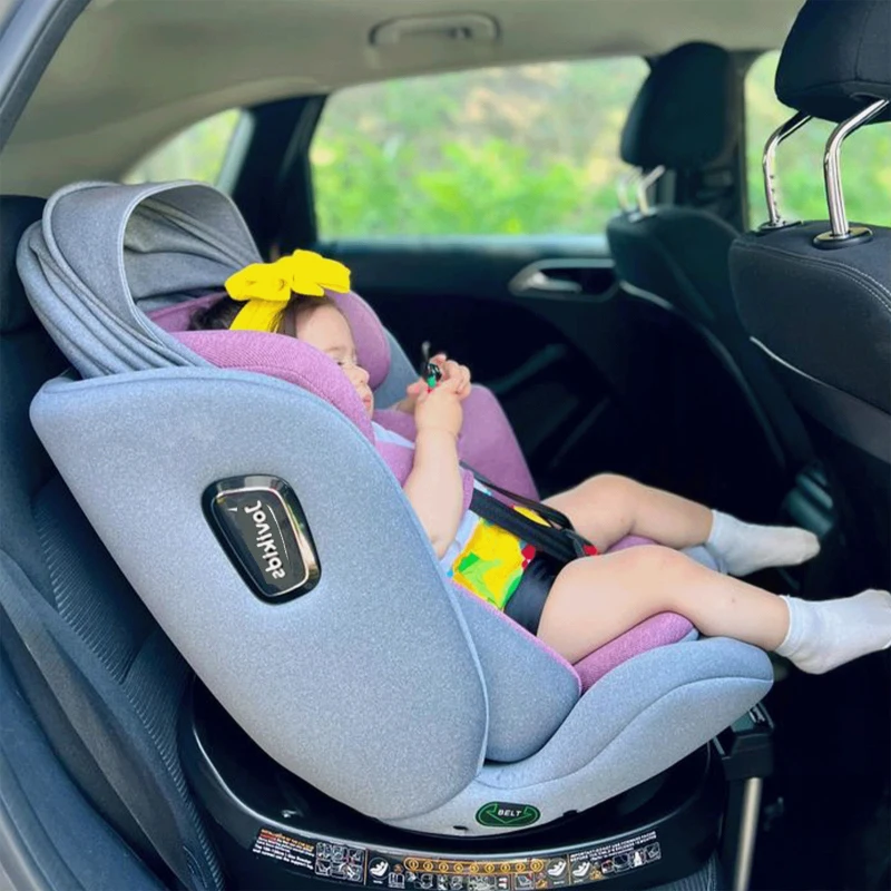 Jovikids drehbarer Kindersitz mit ISOFIX, i-Size, Liegefunktion und Nutzung ab Geburt bis 12 Jahre, Rosa+Grau