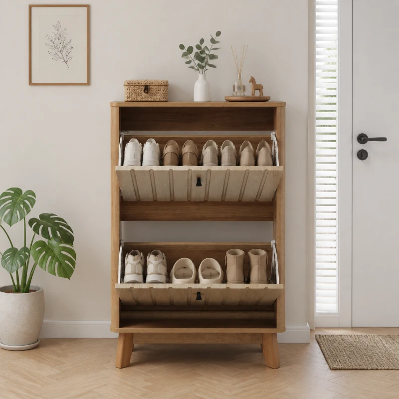 Schuhschrank mit Kippschutz und Doppeltüren, 60x24x94 cm, Eiche