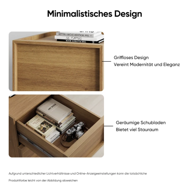 Nachttisch, minimalistisches Design, 2 grifflose Schubladen, 38x48x50 cm, Eiche