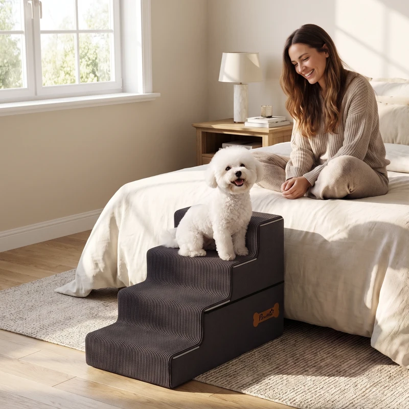PawHut Dog Steps, 4-Step Dog Stairs for Bed and Sofa, Pet Stairs with Carry Handle, Washable Cover