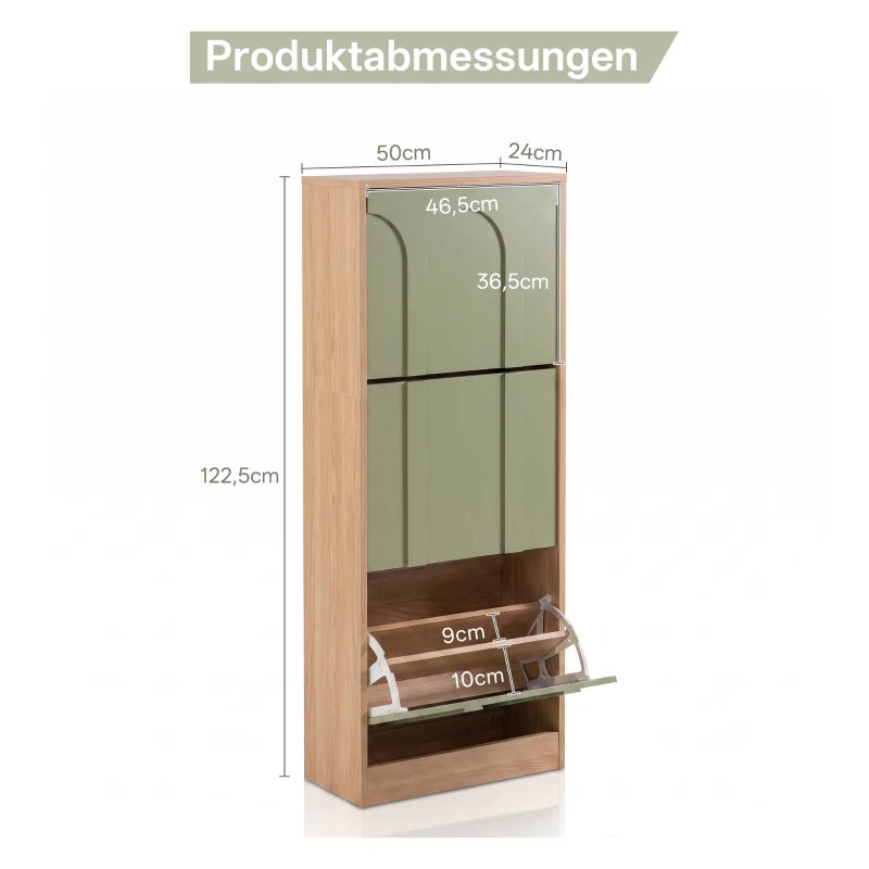 Schuhschrank mit 3 Klappen, schmal, verstellbare Trennwände, Skandi-Stil, 50x24x122,5 cm, Grün