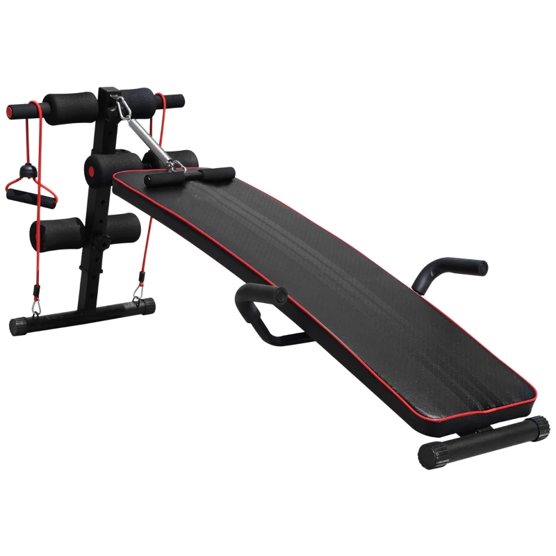 HOMCOM Banc de musculation appareil à abdo hauteur réglable 137,5L x 55,5l x 50-68H cm 2 bandes de résistances + ressort central traction acier noir rouge