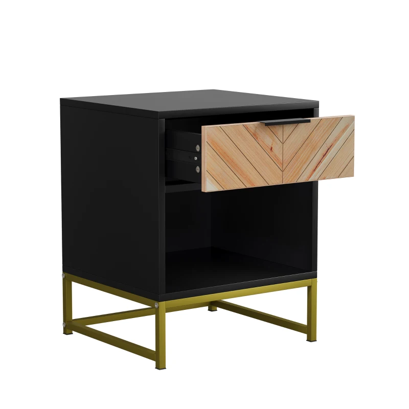 Nachttisch mit Schublade und offenem Fach, modernes Mid-Century-Design, MDF, 43x40x55 cm, Schwarz+Naturfarbe