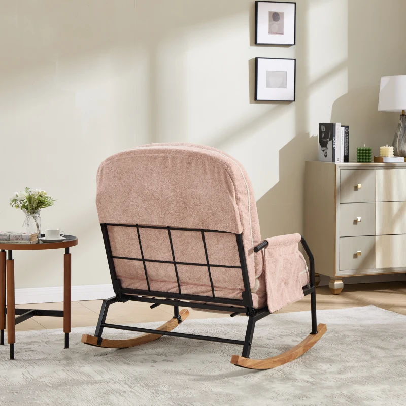 Fauteuil à bascule grand format, dossier réglable et repose-pieds escamotable, poches latérales, coussin rembourré, intérieur et extérieur, Rose