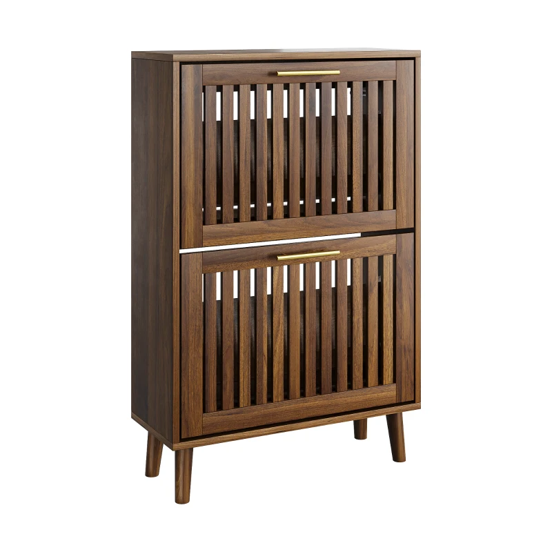 Schuhschrank, 60x24x93 cm, zwei Klappschubladen, offenes Schuhregal, Kippschutz, Landhaus-Design, Walnuss