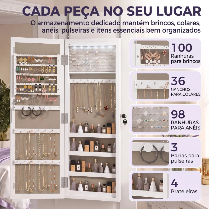 HOMCOM Armário para Joias de Parede com Luz LED, Espelho de Corpo Inteiro e Fechadura, Branco