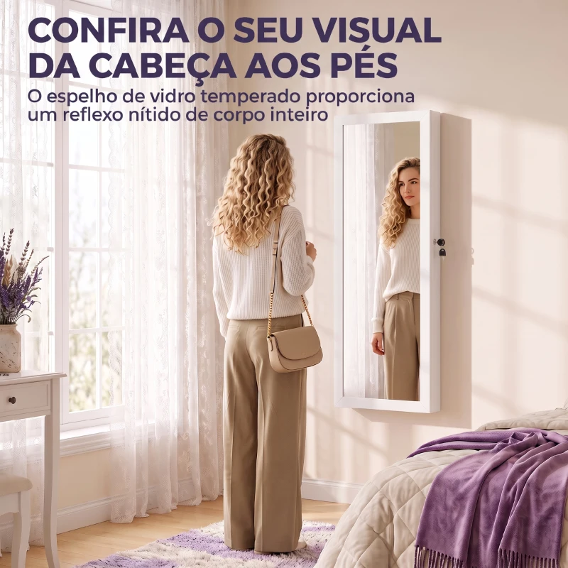 HOMCOM Armário para Joias de Parede com Luz LED, Espelho de Corpo Inteiro e Fechadura, Branco