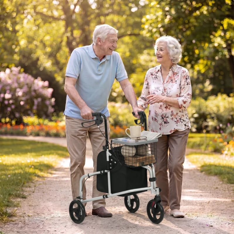 HOMCOM Rolator pliabil ușor pentru seniori cu geantă și coș, 3 roți, 136 kg, argintiu
