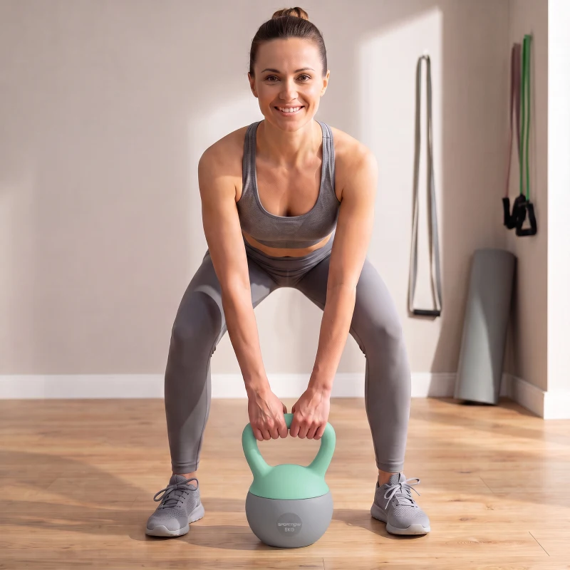 SPORTNOW Pesa Rusa 8 kg Kettlebell Relleno de Arena Metálica Mango Antideslizante para Casa 19x19x28 cm Verde y Gris