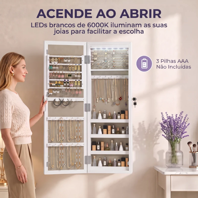 HOMCOM Armário para Joias de Parede com Luz LED, Espelho de Corpo Inteiro e Fechadura, Branco