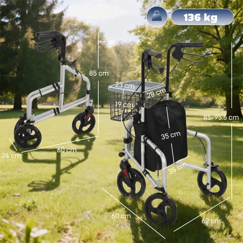 HOMCOM Rolator pliabil ușor pentru seniori cu geantă și coș, 3 roți, 136 kg, argintiu