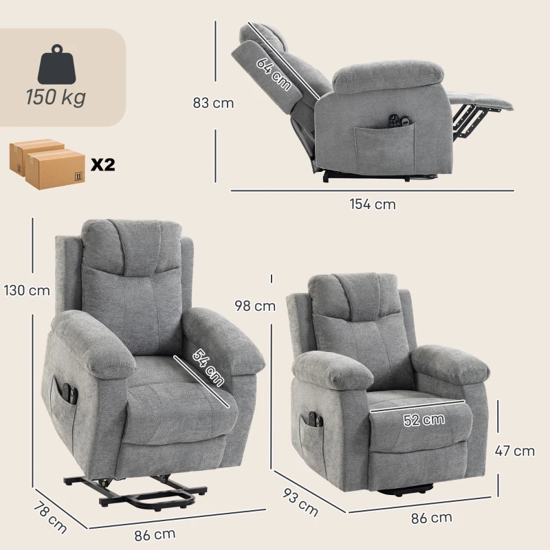 HOMCOM Sillón Relax Reclinable Eléctrico Levanta Personas con 8 Puntos Masaje y Calor Lumbar Puerto USB Mando Reposapiés Gris