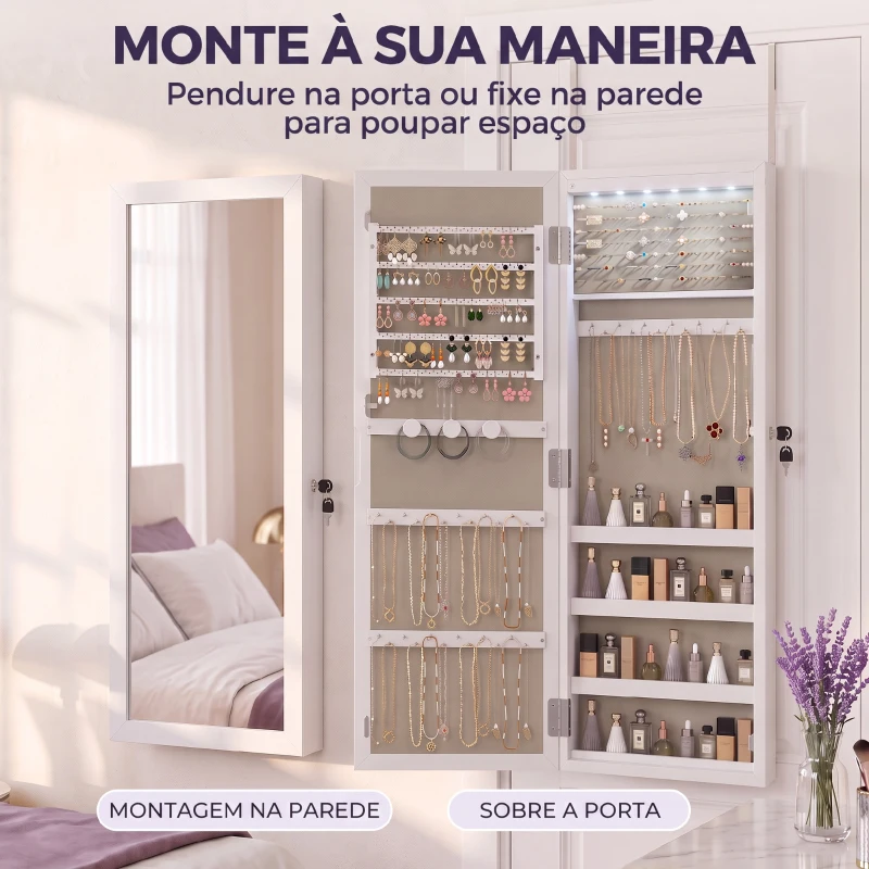 HOMCOM Armário para Joias de Parede com Luz LED, Espelho de Corpo Inteiro e Fechadura, Branco