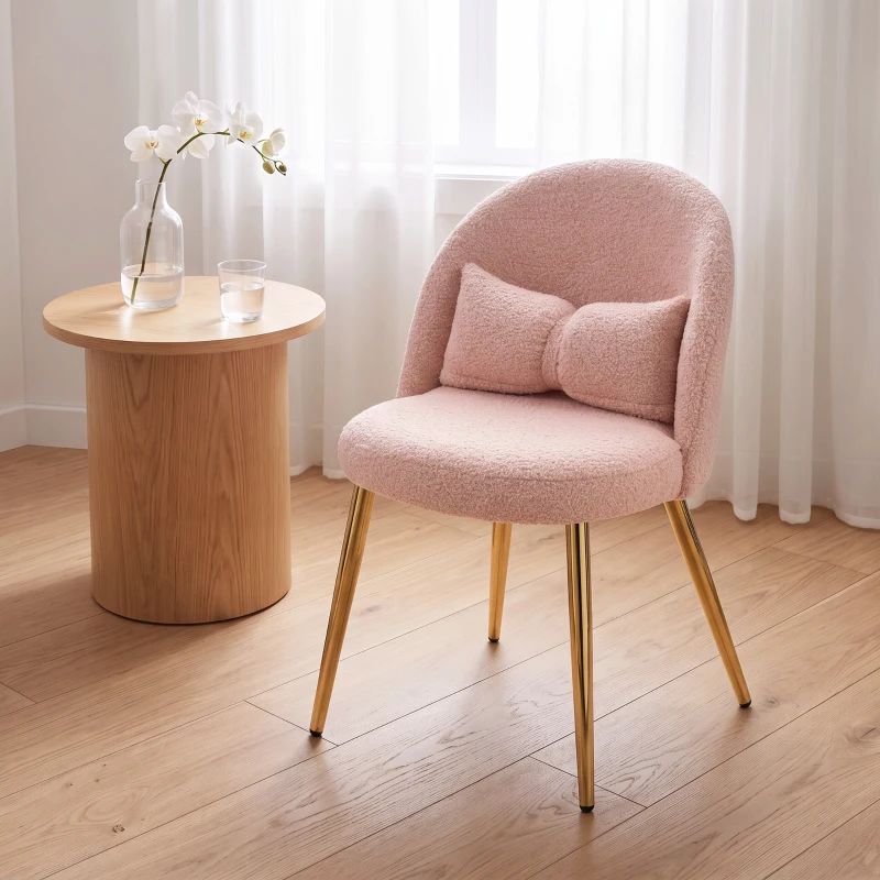 HOMCOM Poltrona de Sala em Sherpa com Almofada Lombar em Laço, Pernas em Aço, Poltrona para Quarto, Rosa