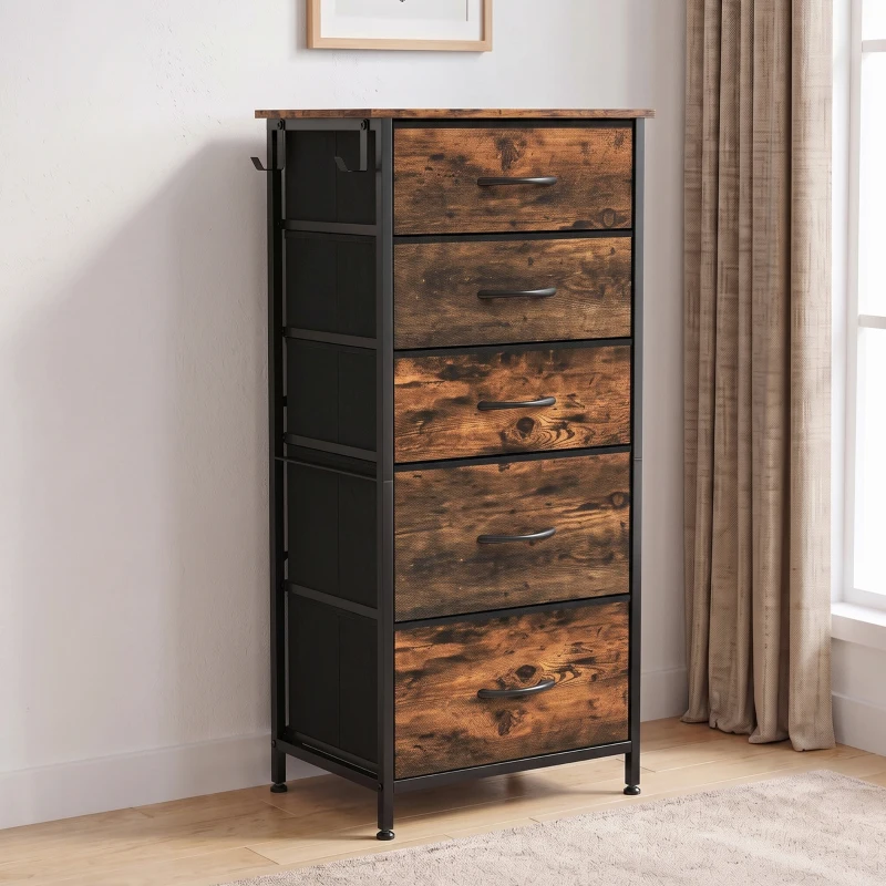 HOMCOM Cómoda 5 cajones de tela plegables, cómoda para dormitorio de adulto con bolsillos laterales y 2 ganchos, marrón rústico