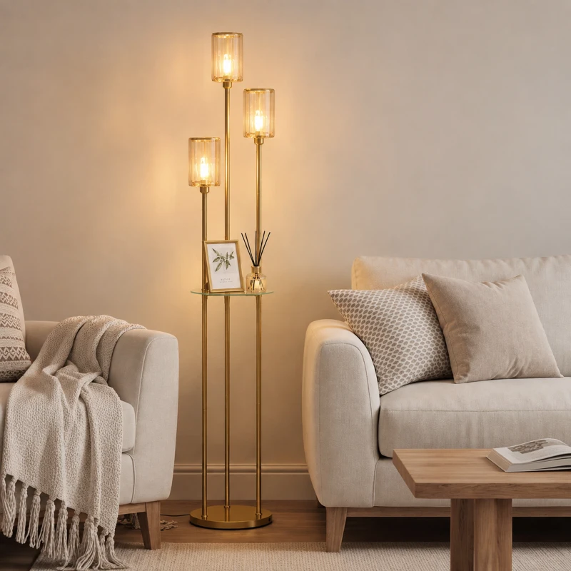HOMCOM Luminária de pé com prateleira com 3-flammigen Glasschirmen Stehleuchte mit Glastisch 177 cm Gold