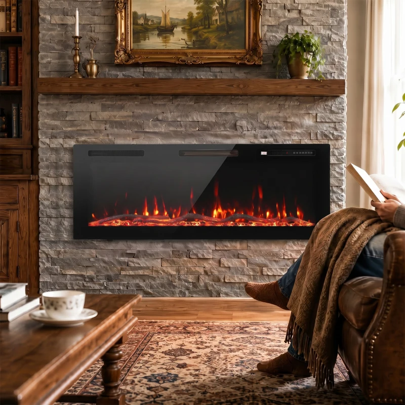 HOMCOM Șemineu electric ultrasubțire pentru încastrare și montare pe perete, cu telecomandă 127cm