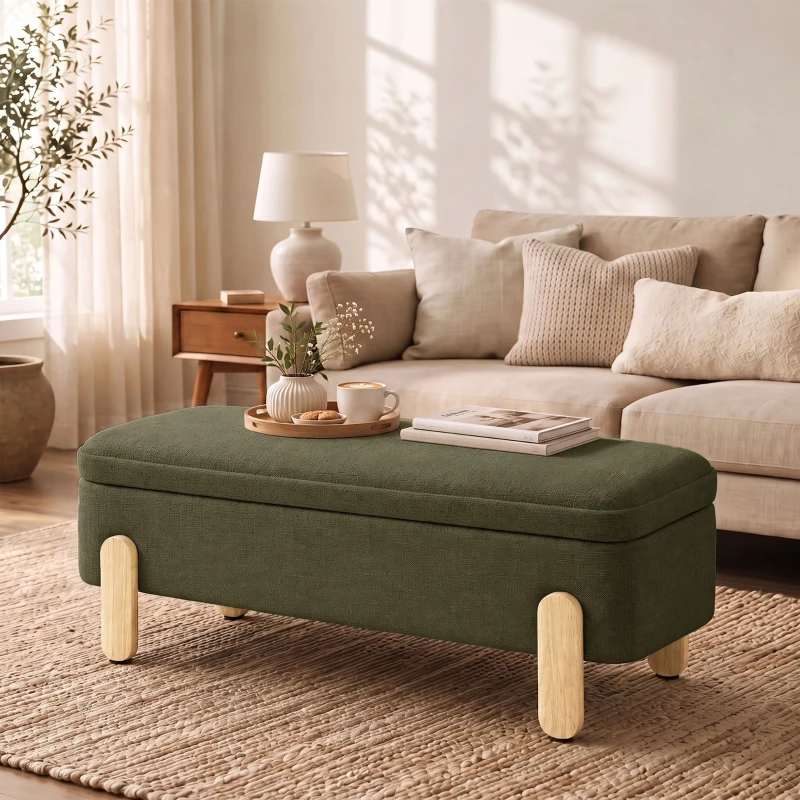 HOMCOM Coffre-banc de rangement 108x40x40cm, Assise rembourrée 2 places en chenille, Pieds en bois, Vert