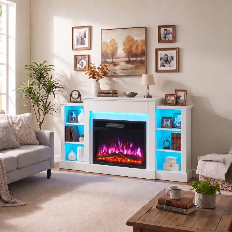 HOMCOM Șemineu Electric Comodă TV pentru televizoare de până la 165 cm cu 6 rafturi Efect flacără 3D 12 culori Bandă LED RGB Alb
