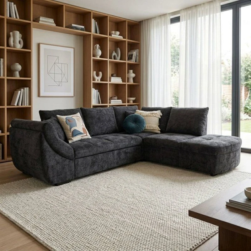 Canapé d'angle convertible réversible - 4 a 5 places - CALVIN - Tissu chenille Noir - Coffre - 257 x 214 x 88 cm