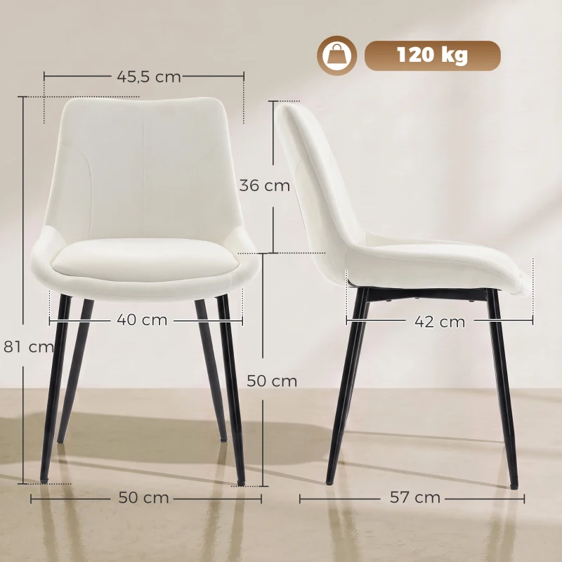 HOMCOM Conjunto 2 Cadeiras de Jantar em Veludo para Cozinha, Branco Creme