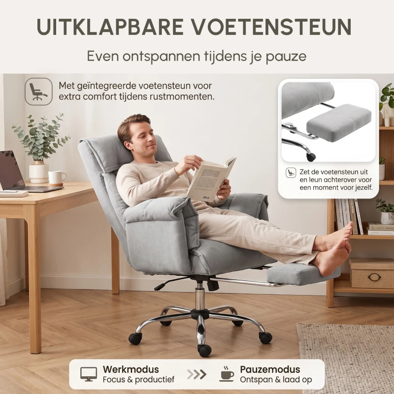 HOMCOM Bureaustoel met voetensteun, verstelbare rugleuning, hoge rugleuning en armleuningen, comfortabele thuiswerkstoel, grijs