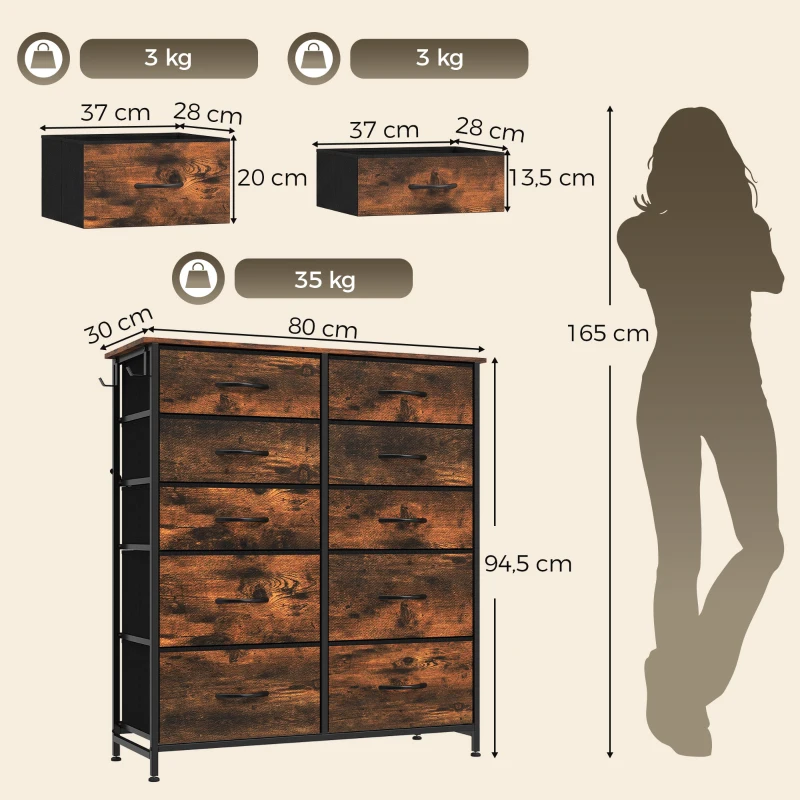 HOMCOM Cómoda 10 Cajones de Tela Plegables, Cómoda Dormitorio Adulto con Bolsillos Laterales y 2 Ganchos, Marrón Rústico