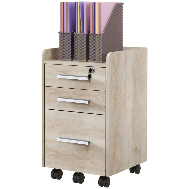 HOMCOM Comodă de birou cu roți și 3 sertare Încuietoare și 2 Chei Bare Reglabile pentru Dosare 39,2x40x65,4 cm Stejar